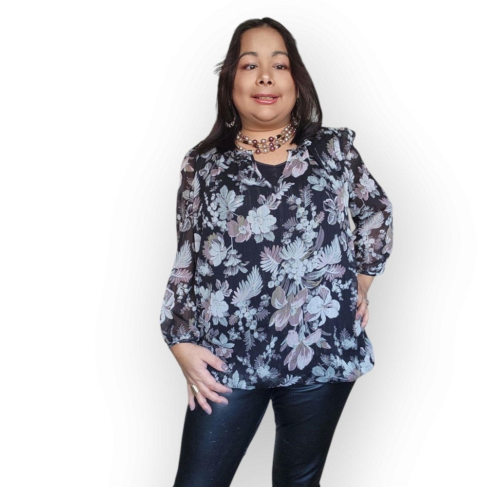 Tamera H Floral Blouse in Black and Gray Womens Size Large - Picture 1 of 14